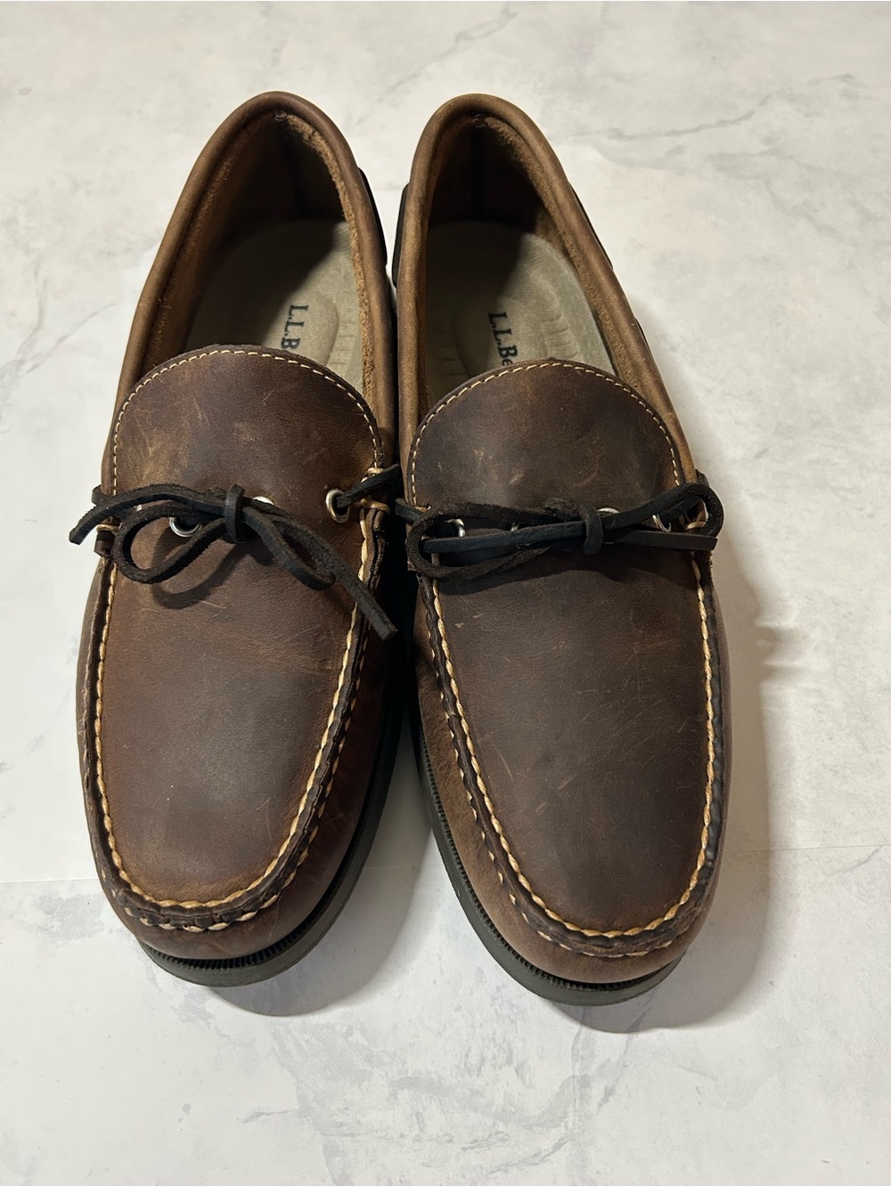 L.L.Bean Mens Boat Shoes Size 8 D Brown Leather Moc Toe Deck Shoes El Salvador